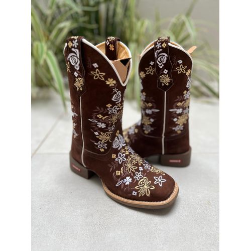 BOTA TEXANA EM COURO NOBUCK CAFÉ BORDADO FLORES - ... - Botas Texanas Bruto