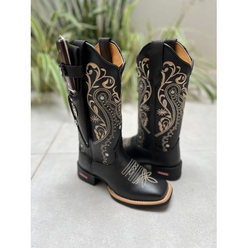 BOTA TEXANA EM COURO PRETO BORDADO TRIBAL + BAINHA... - Botas Texanas Bruto