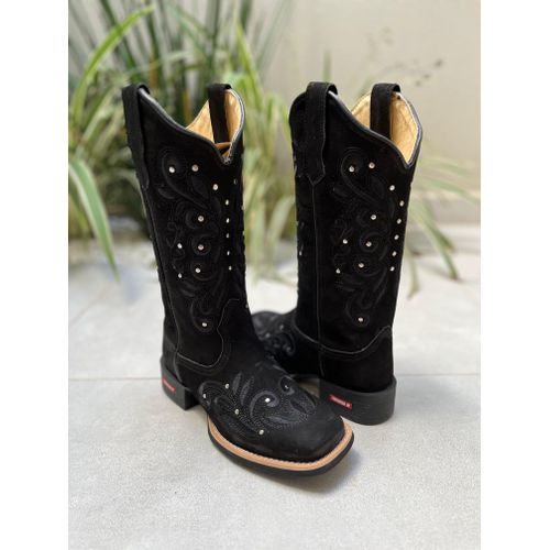 BOTA TEXANA EM COURO NOBUCK PRETO BORDADO RAMOS AL... - Botas Texanas Bruto