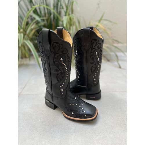BOTA TEXANA EM COURO PRETO BORDADO TRIBAL ALL BLAC... - Botas Texanas Bruto