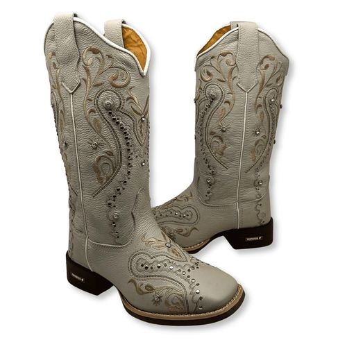 BOTA TEXANA EM COURO OFF WHITE BORDADO TRIBAL COM ... - Botas Texanas Bruto