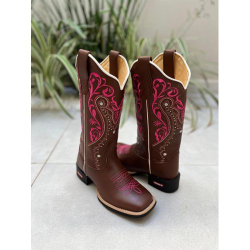 TEXANA COURO MARROM BORDADO TRIBAL ROSA E BRANCO -... - Botas Texanas Bruto