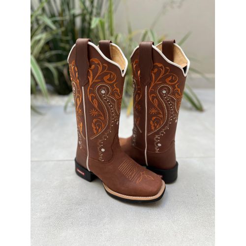 BOTA TEXANA EM COURO BORDADO TRIBAL LARANJA E BRAN... - Botas Texanas Bruto