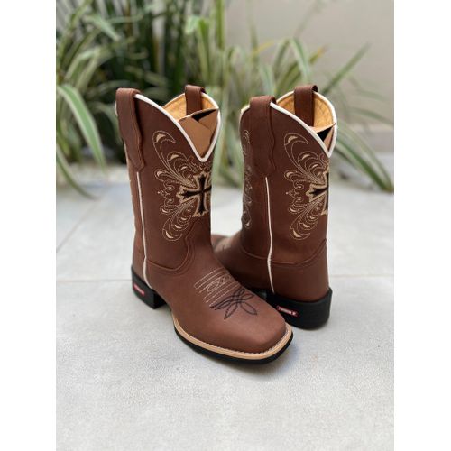 BOTA TEXANA EM COURO BORDADO CRUZ PRETO E BEGE CAN... - Botas Texanas Bruto
