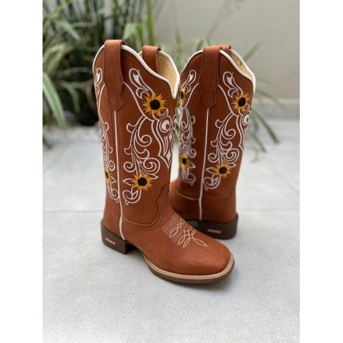 BOTA TEXANA EM COURO HORSE TELHA BORDADO GIRASSOL ... - Botas Texanas Bruto
