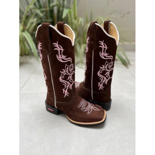 BOTA TEXANA EM COURO NOBUCK BORDADO FLORES ROSA CL... - Botas Texanas Bruto
