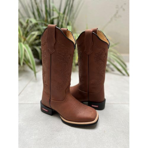 BOTA TEXANA EM COURO BORDADO RAMOS MARROM - btf285 - Botas Texanas Bruto