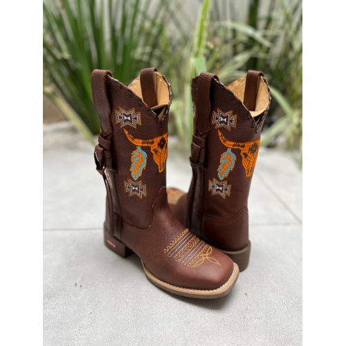 BOTA TEXANA EM COURO MARROM TOURO LARANJA COM TRIC... - Botas Texanas Bruto