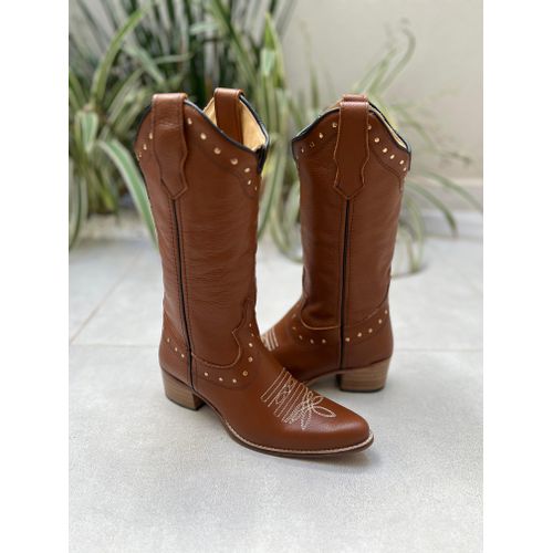 BOTA TEXANA EM COURO MARROM COM METAIS BICO FINO -... - Botas Texanas Bruto