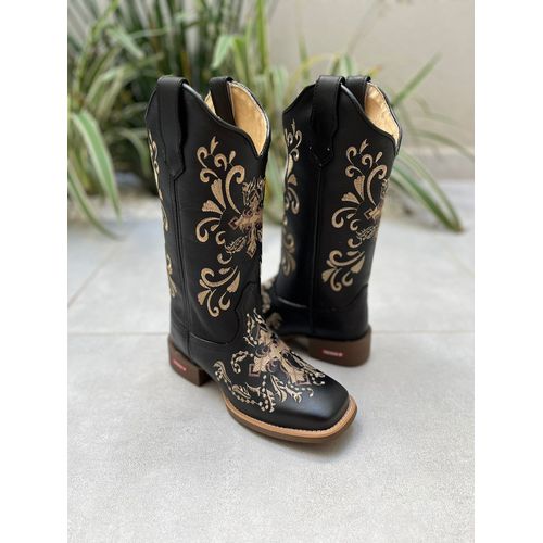 BOTA TEXANA EM COURO PRETO BORDADO CRUZ E RAMOS BE... - Botas Texanas Bruto