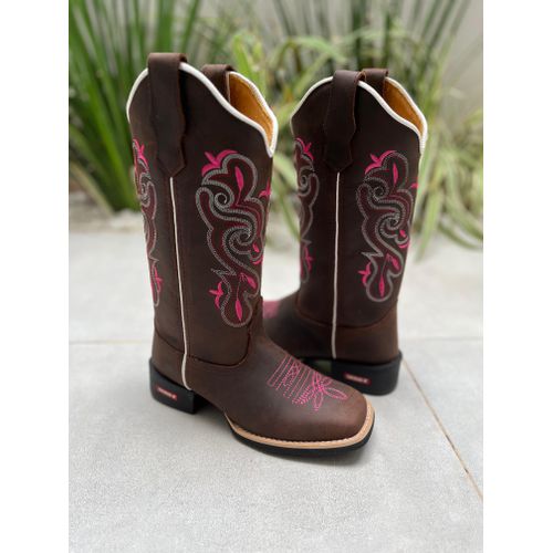 BOTA TEXANA EM COURO MARROM BORDADO ROSA - btf307 - Botas Texanas Bruto