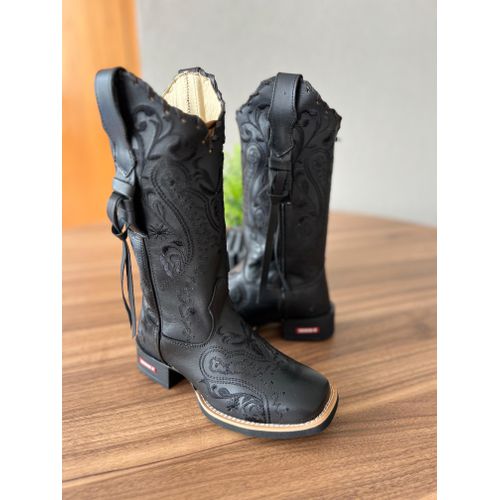 BOTA TEXANA EM COURO PRETO BORDADO TRIBAL PRETO CO... - Botas Texanas Bruto