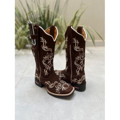 KIT TEXANA COURO MARROM BORDADO FLORES + BAINHA + ... - Botas Texanas Bruto