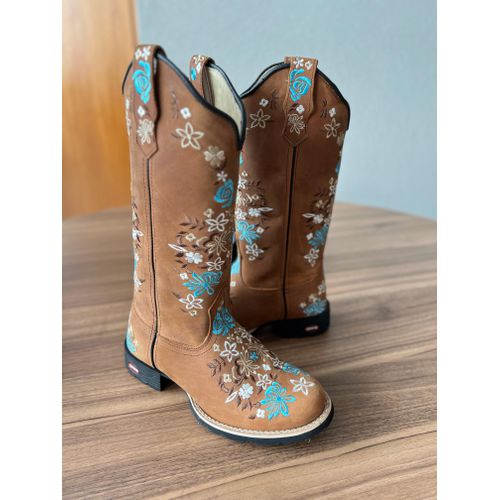 BOTA TEXANA EM COURO MARROM BORDADO FLORES AZUL E ... - Botas Texanas Bruto