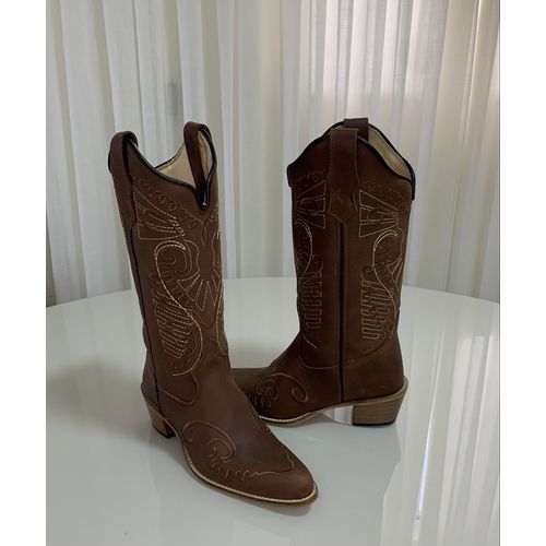 BOTA TEXANA EM COURO BORDADO BRANCO E MARROM BICO ... - Botas Texanas Bruto