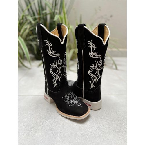 BOTA TEXANA EM COURO NOBUCK PRETO BORDADO FLORES E... - Botas Texanas Bruto