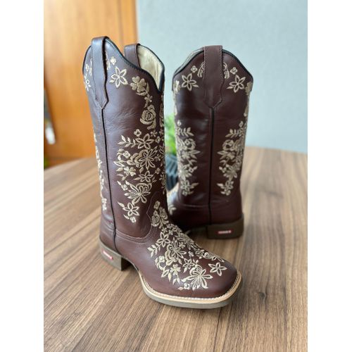 BOTA TEXANA EM COURO MARROM BORDADO FLORES BEGE SO... - Botas Texanas Bruto
