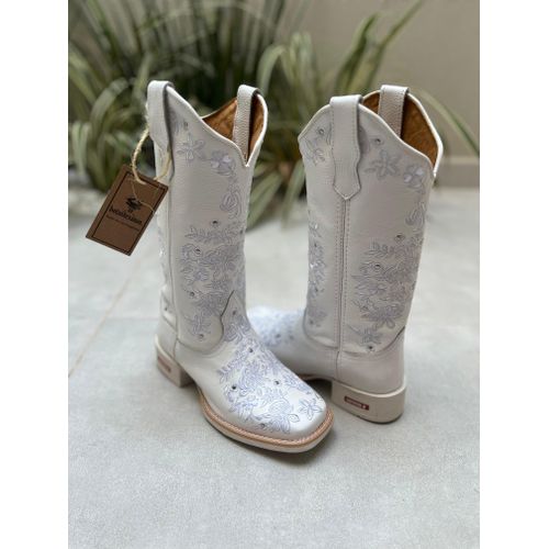 TEXANA EM COURO BRANCO BORDADA COM METAIS - btf32 - Botas Texanas Bruto