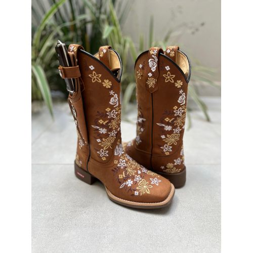 BOTA TEXANA EM COURO BORDADO FLORES + BAINHA + FAC... - Botas Texanas Bruto