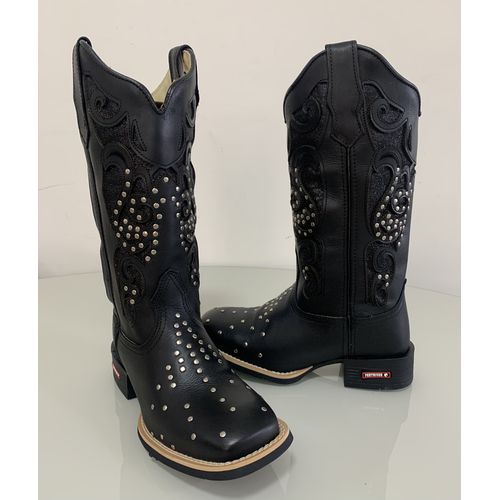 BOTA TEXANA EM COURO PRETO A LASER GLITTER PRETO +... - Botas Texanas Bruto