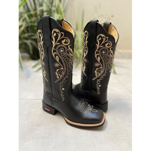 BOTA TEXANA EM COURO PRETO BORDADO TRIBAL BEGE - ... - Botas Texanas Bruto