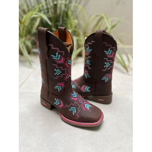 BOTA TEXANA EM COURO MARROM BORDADO AZUL E ROSA E ... - Botas Texanas Bruto