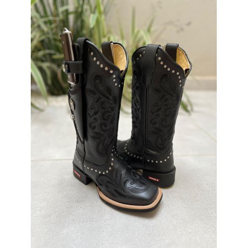 KIT BOTA TEXANA EM COURO ALL BLACK BORDADA COM MET... - Botas Texanas Bruto