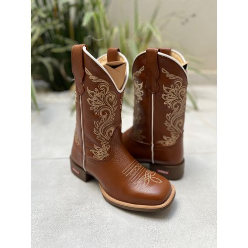 BOTA TEXANA EM COURO MARROM BORDADO RAMOS BEGE SOL... - Botas Texanas Bruto