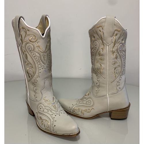 BOTA TEXANA EM COURO OFF WHITE BORDADO TRIBAL BICO... - Botas Texanas Bruto
