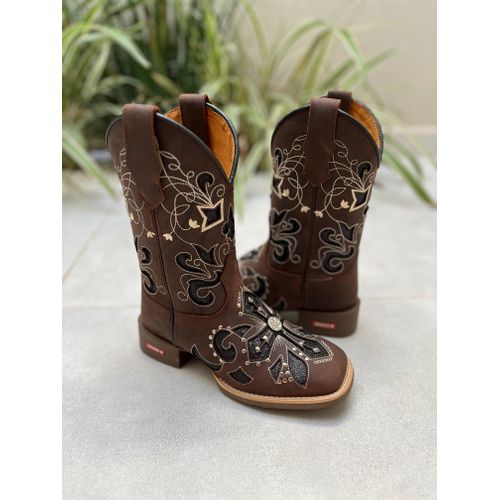 BOTA TEXANA EM COURO MARROM COM BORDADO CRUZ A LAS... - Botas Texanas Bruto