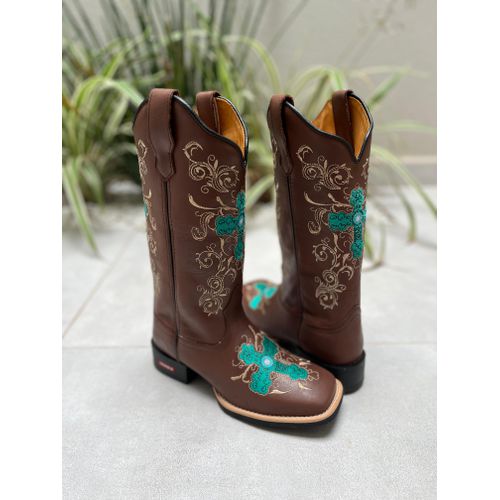 BOTA TEXANA EM COURO MARROM BORDADO CRUZ VERDE + D... - Botas Texanas Bruto