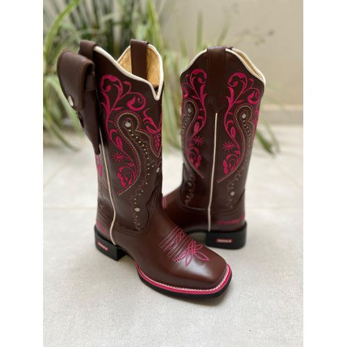 KIT BOTA TEXANA EM COURO MARROM BORDADO TRIBAL E F... - Botas Texanas Bruto