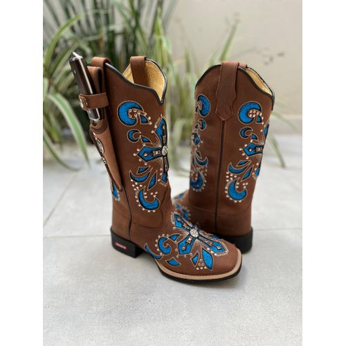 BOTA TEXANA EM COURO MARROM A LASER CRUZ GLITTER A... - Botas Texanas Bruto