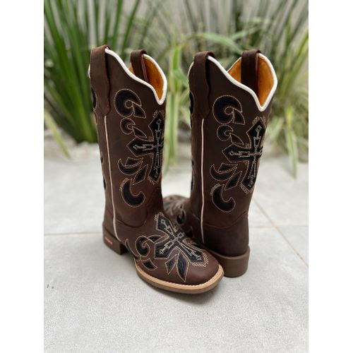 BOTA TEXANA EM COURO MARROM BORDADO CRUZ PRETO E B... - Botas Texanas Bruto
