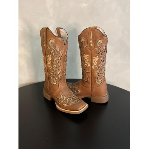 BOTA TEXANA EM COURO CARAMELO A LASER GLITTER DOUR... - Botas Texanas Bruto