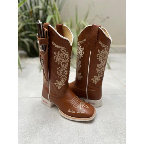 BOTA TEXANA AMANDA EM COURO BORDADO RAMOS BEGE + B... - Botas Texanas Bruto