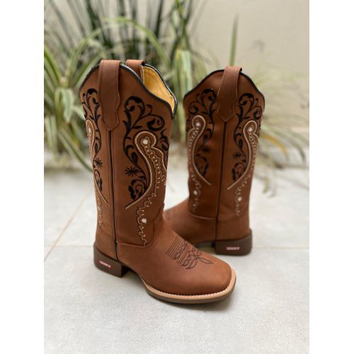 BOTA TEXANA EM COURO MARROM BORDADO TRIBAL + FLORA... - Botas Texanas Bruto