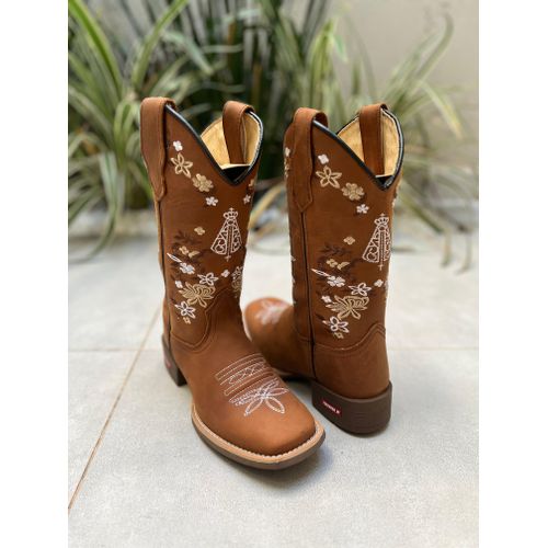 BOTA TEXANA EM COURO BORDADO NOSSA SENHORA E FLORE... - Botas Texanas Bruto