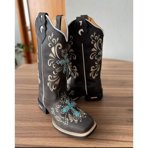 BOTA TEXANA EM COURO BORDADO CRUZ AZUL E BEGE - bt... - Botas Texanas Bruto