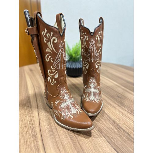 BOTA TEXANA EM COURO BORDADO NOSSA SENHORA E CRUZ ... - Botas Texanas Bruto