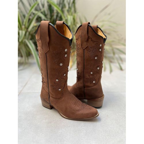 BOTA TEXANA EM COURO MARROM COM METAIS STRASS BICO... - Botas Texanas Bruto