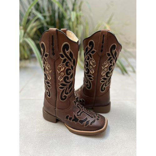 BOTA TEXANA EM COURO CAFÉ A LASER GLITTER PRETO CR... - Botas Texanas Bruto