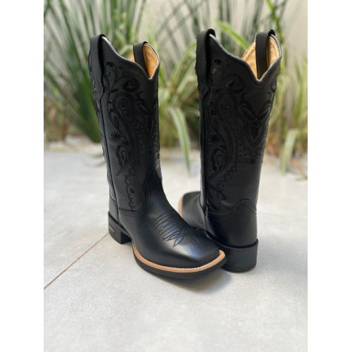 BOTA TEXANA EM COURO PRETO ALL BLACK TRIBAL + FLOR... - Botas Texanas Bruto