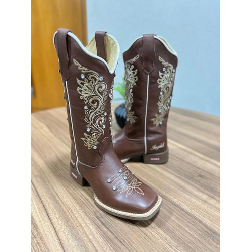 BOTA TEXANA EM COURO MARROM BORDADO RAMOS DOURADO ... - Botas Texanas Bruto