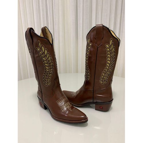BOTA TEXANA EM COURO MARROM A LASER GLITTER DOURAD... - Botas Texanas Bruto