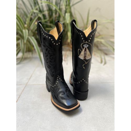 BOTA TEXANA EM COURO PRETO BORDADO RAMOS PRETO E N... - Botas Texanas Bruto