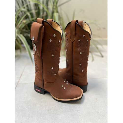 BOTA TEXANA EM COURO MARROM BORDADO RAMOS + METAIS... - Botas Texanas Bruto
