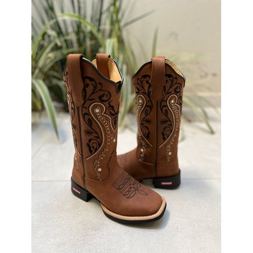 BOTA TEXANA EM COURO HORSE CAFÉ BORDADO TRIBAL SOL... - Botas Texanas Bruto