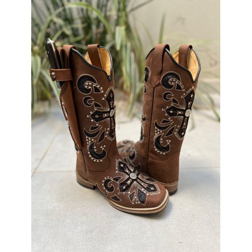 BOTA TEXANA EM COURO MARROM LASER CRUZ + KIT FACA ... - Botas Texanas Bruto