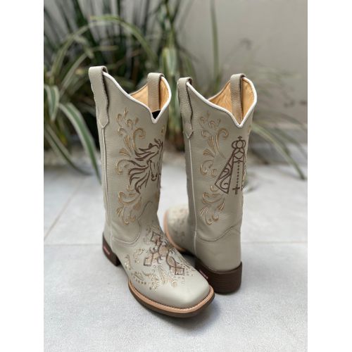 BOTA TEXANA EM COURO OFF WHITE BORDADO CAVALO + NO... - Botas Texanas Bruto